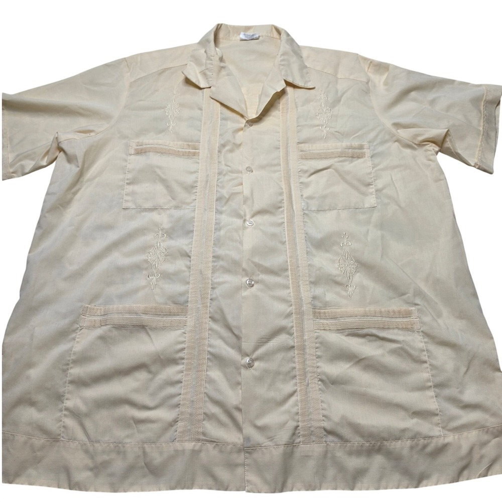 Abdala Mens Guayabera Shirt Cream Embroidered Short Sleeve Yucatan Mexico Sz 44
